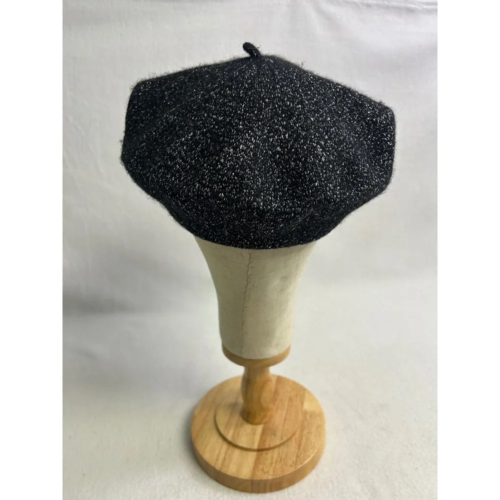 French Chic Women OS Black Silver Metallic Sparkle Wool Beret Hat